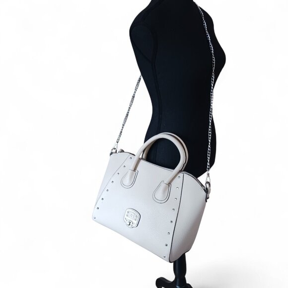 GUESS Garland Ivory Faux Pebbled Leather Tote Bag – Leopard Lining, Silver Chain - Picture 7 of 16